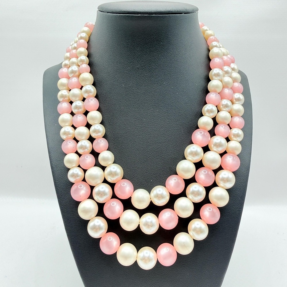 Vintage Multi-Strand Pink and White Moonglow‎ Faux Pearl 14" Necklace